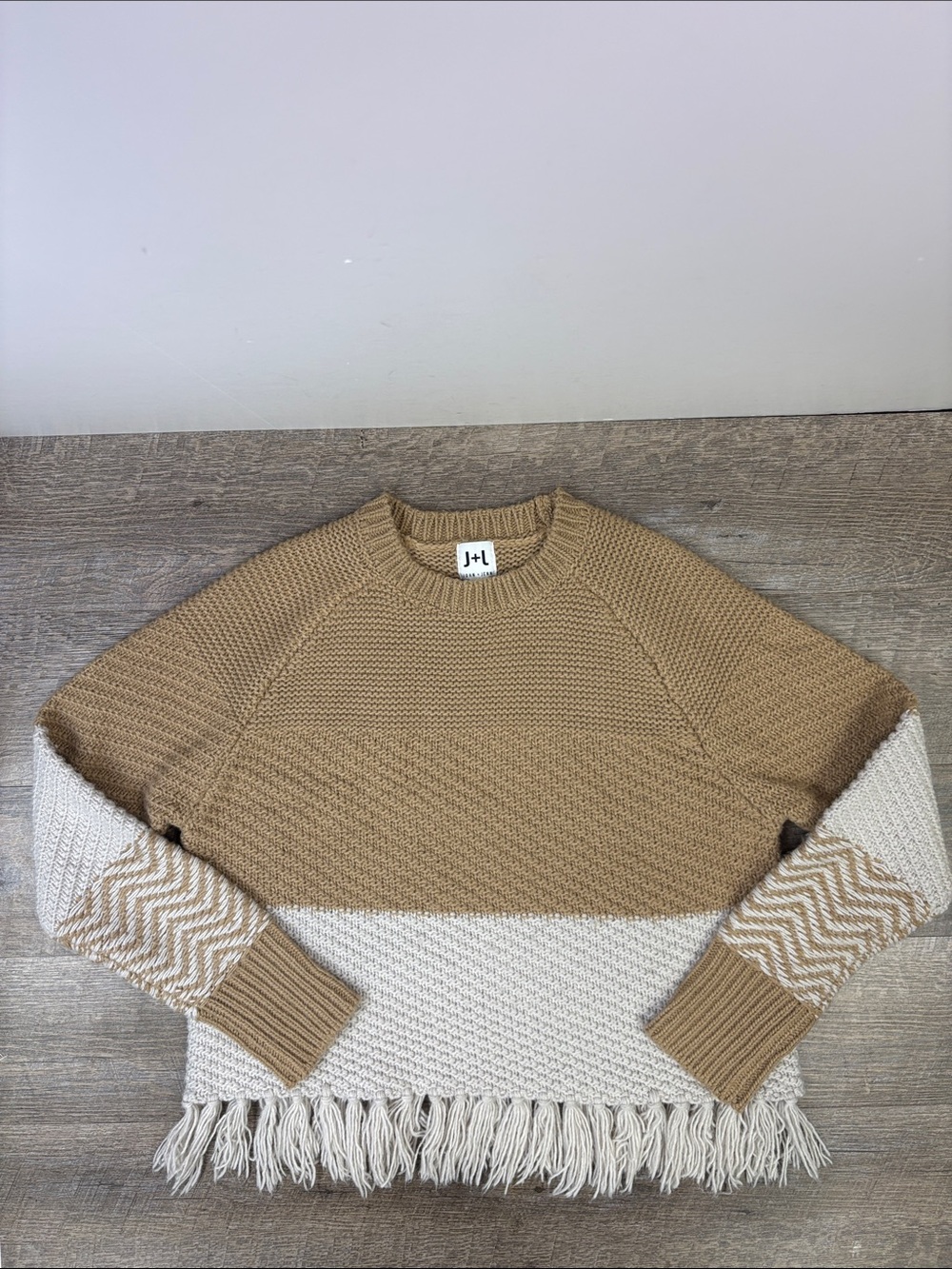 John + Jenn Colorblock Fringe Knit Sweater Tan Cream Size S/P